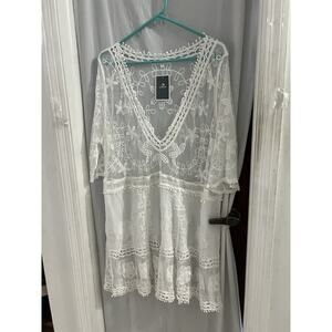 Eomenie White Layered Embroidered Crochet Sheer Bathing Suit Cover Up NWT 1x